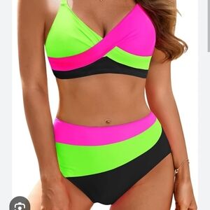 Neon Pink and Green Colorblock 80s Vibe Bikini L